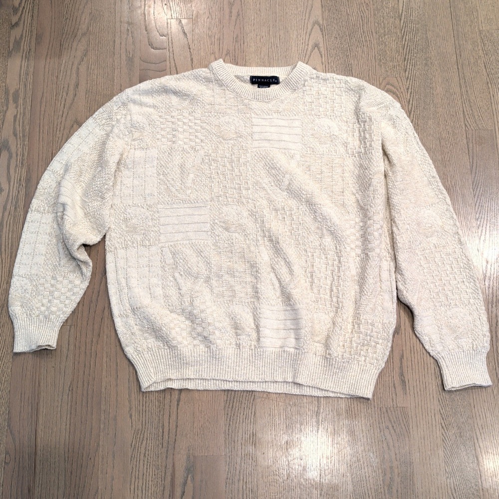 Vintage Pinnacle Mens XL Cream Textured 3D Knit Crewneck Sweater Made in USA